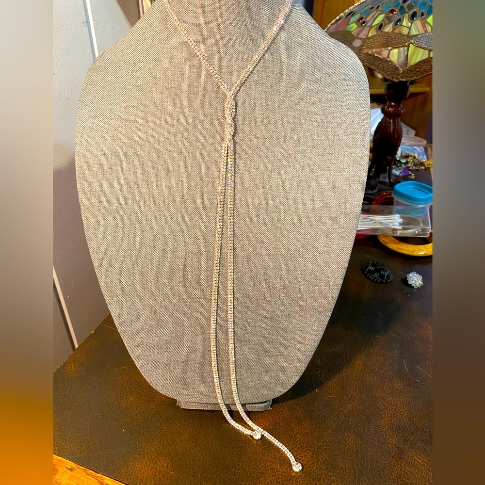 JEWELRY SALE Elegant silver rhinestone necklace twisted bolo tie design,ABS